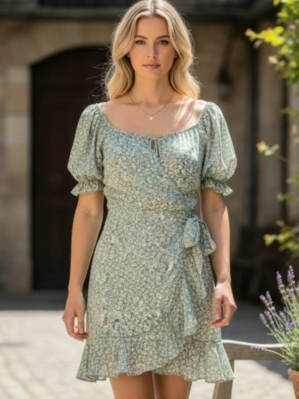 Trixxi Sage Green Floral Puff-Sleeve Wrap Mini Dress